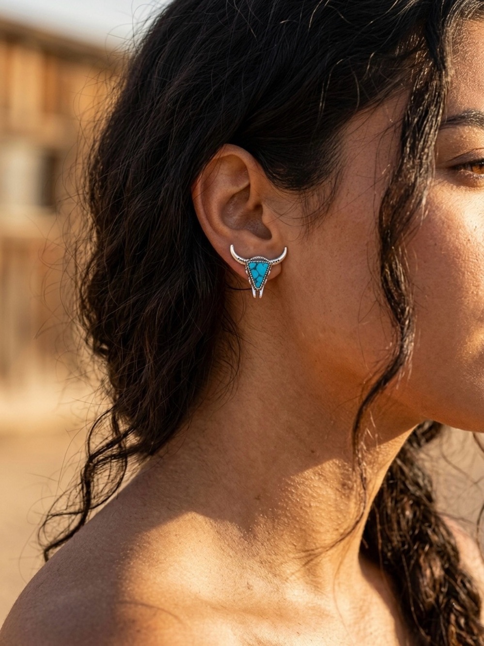 Myra Bag Turquoise Bull Skull Stud Earrings - Picture 2 of 8